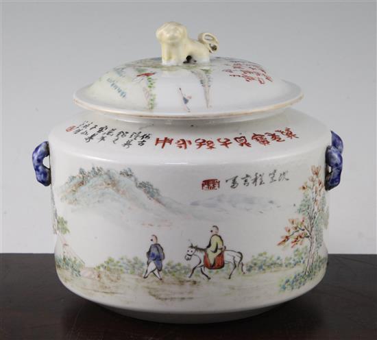 A Chinese enamelled porcelain cylindrical kamcheng and cover, 19cm